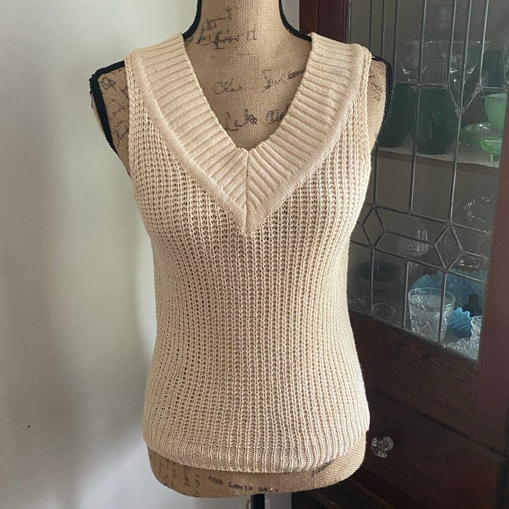 Vintage 80s Currants Jeri Jo Knit Sweater Vest Cream V-Neck Open Stitch Top XS - Picture 4 of 17